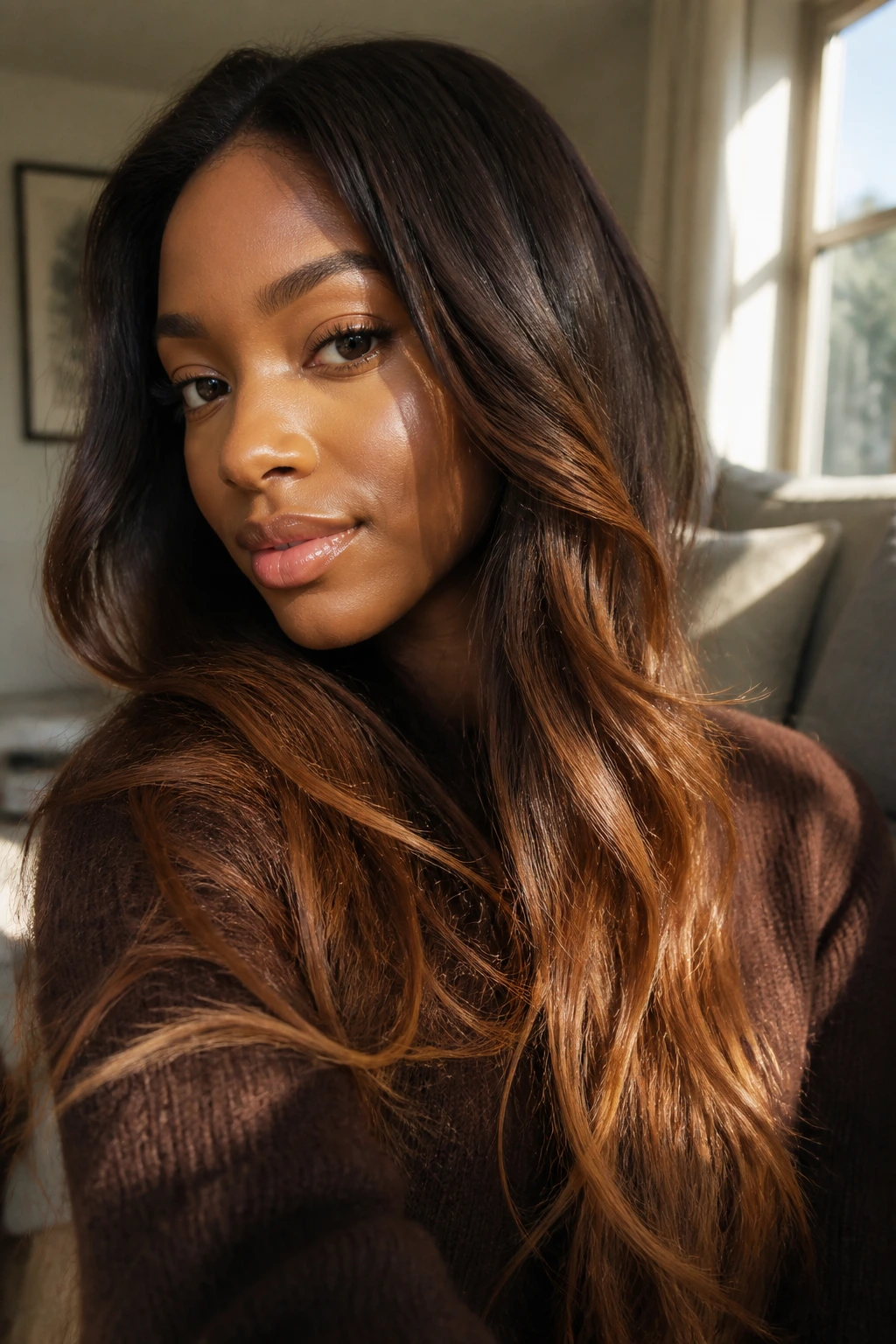 Close-up of chestnut base hair with warm caramel ends on a real person