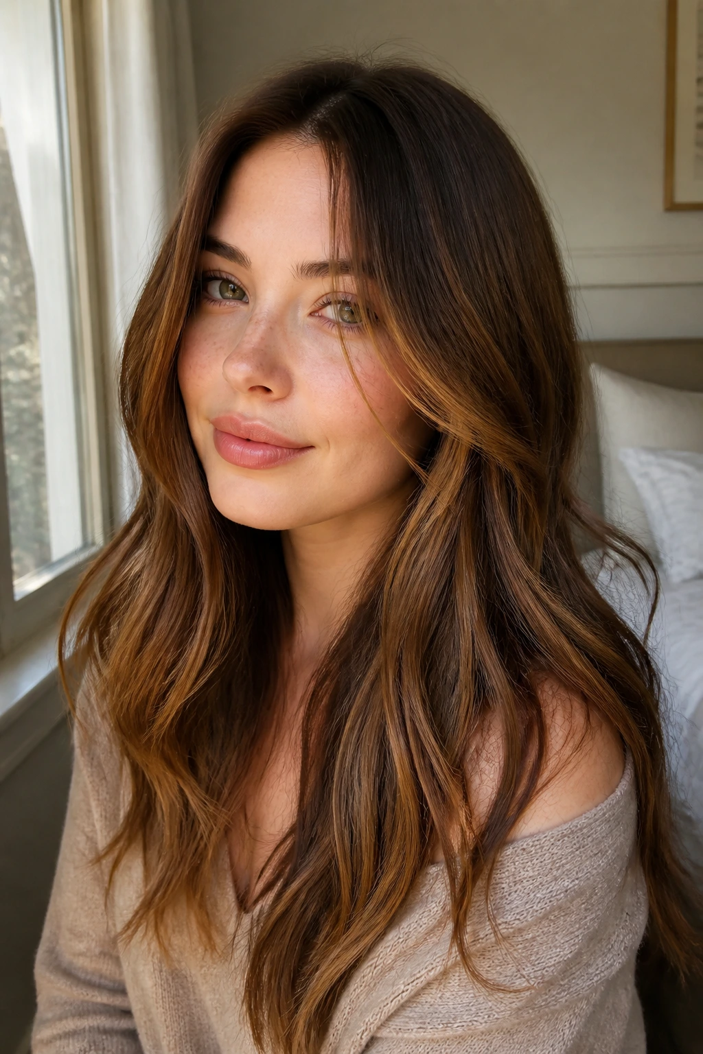 Close-up portrait of chestnut caramel hair on a real person with warm window light