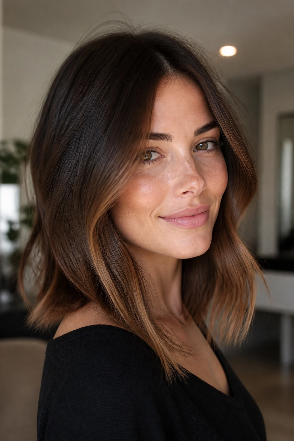 Shoulder-length lob with chestnut caramel ends.