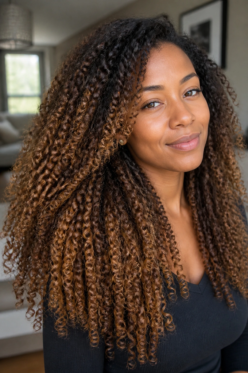 Close-up of a real person with chestnut-to-caramel coil color on long coils