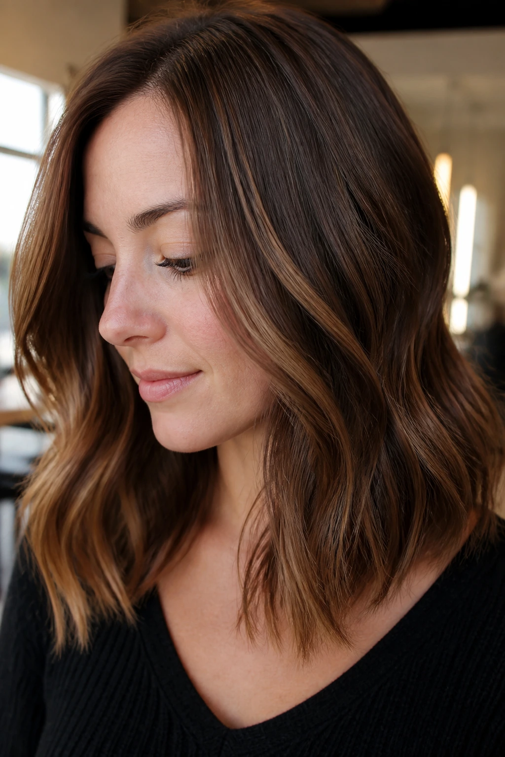 Close-up portrait of a woman with chestnut base and soft caramel lowlights in warm salon lighting