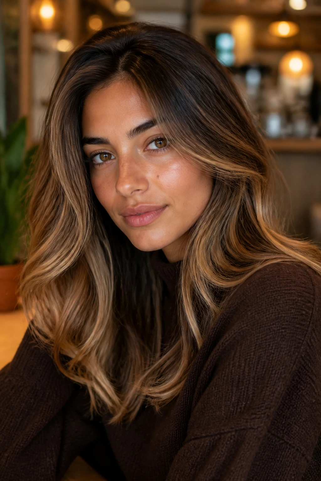 Real woman with chestnut-caramel melt hair close-up