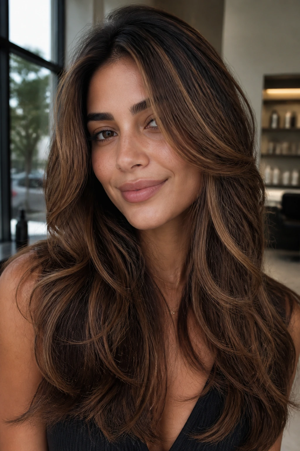 Close-up portrait showing wider chestnut slice highlights on olive skin.