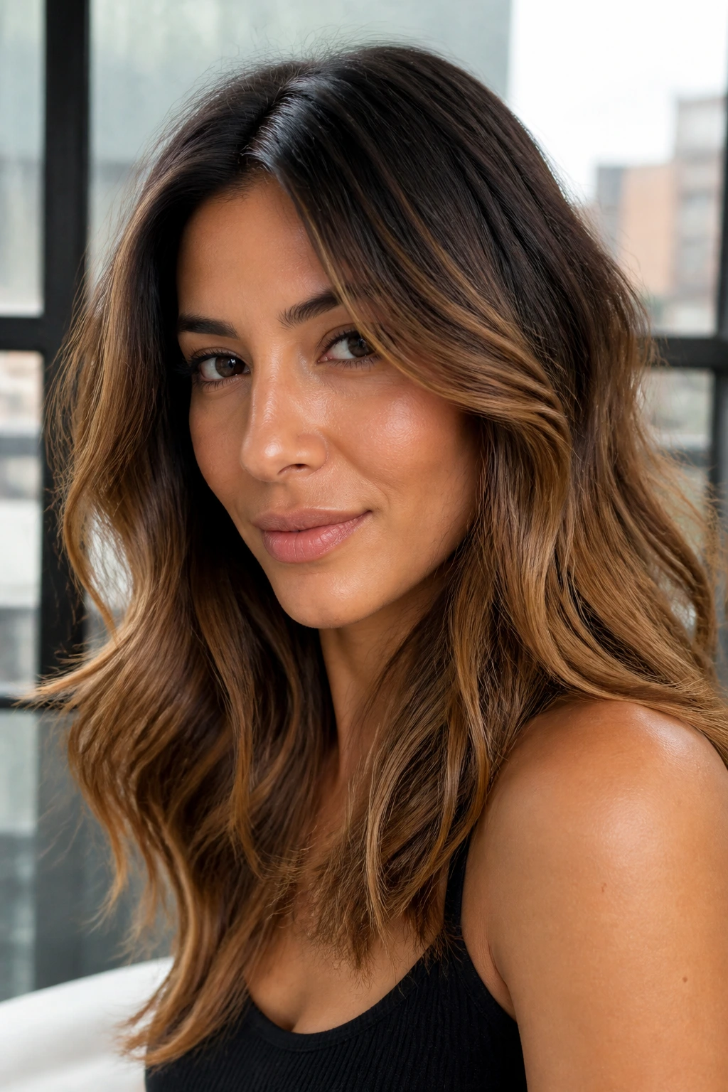 Close-up portrait of a real woman with chestnut caramel ombré from dark roots in natural light