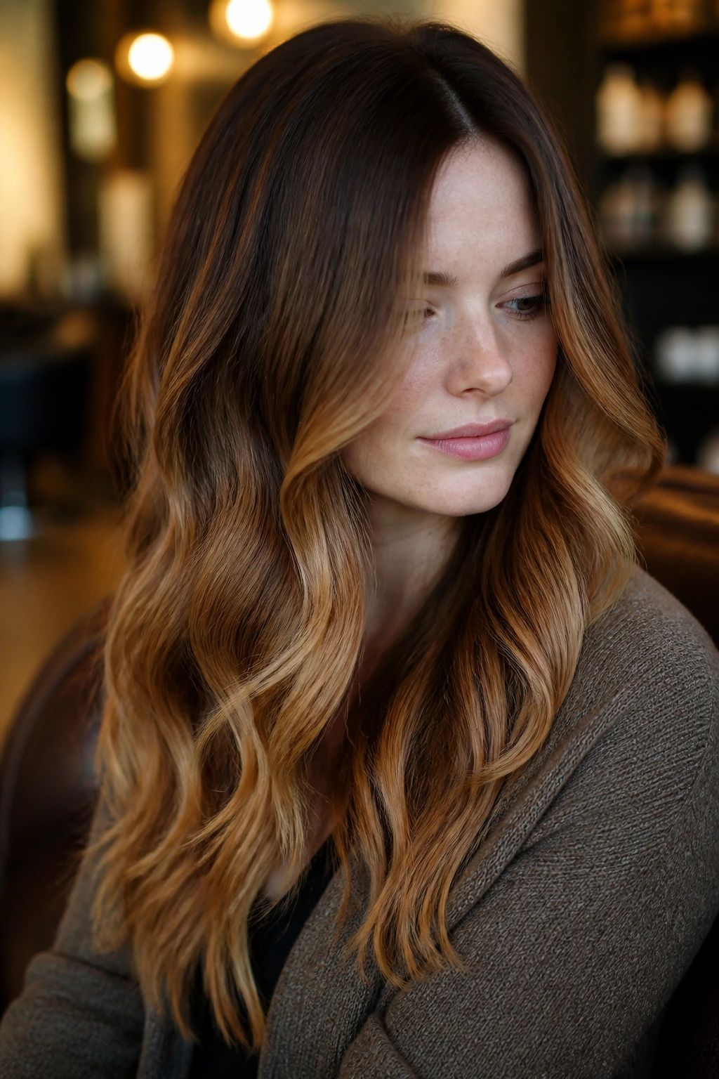 Chestnut to caramel ombré with soft root shadow on a real person