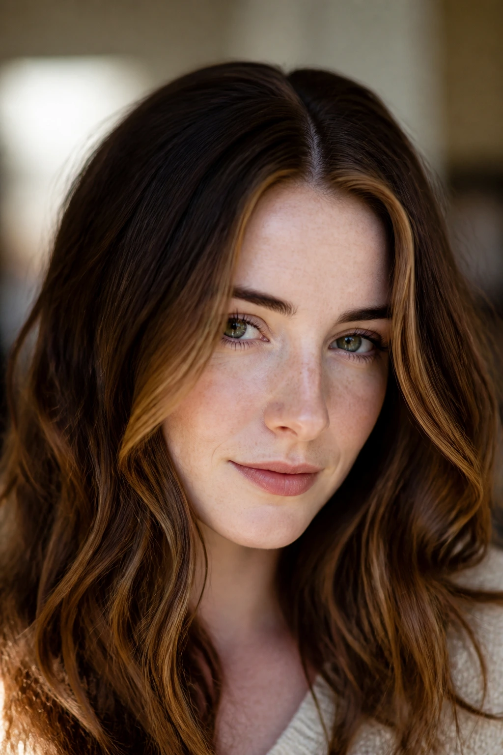 Portrait of a real person with chestnut caramel around the part