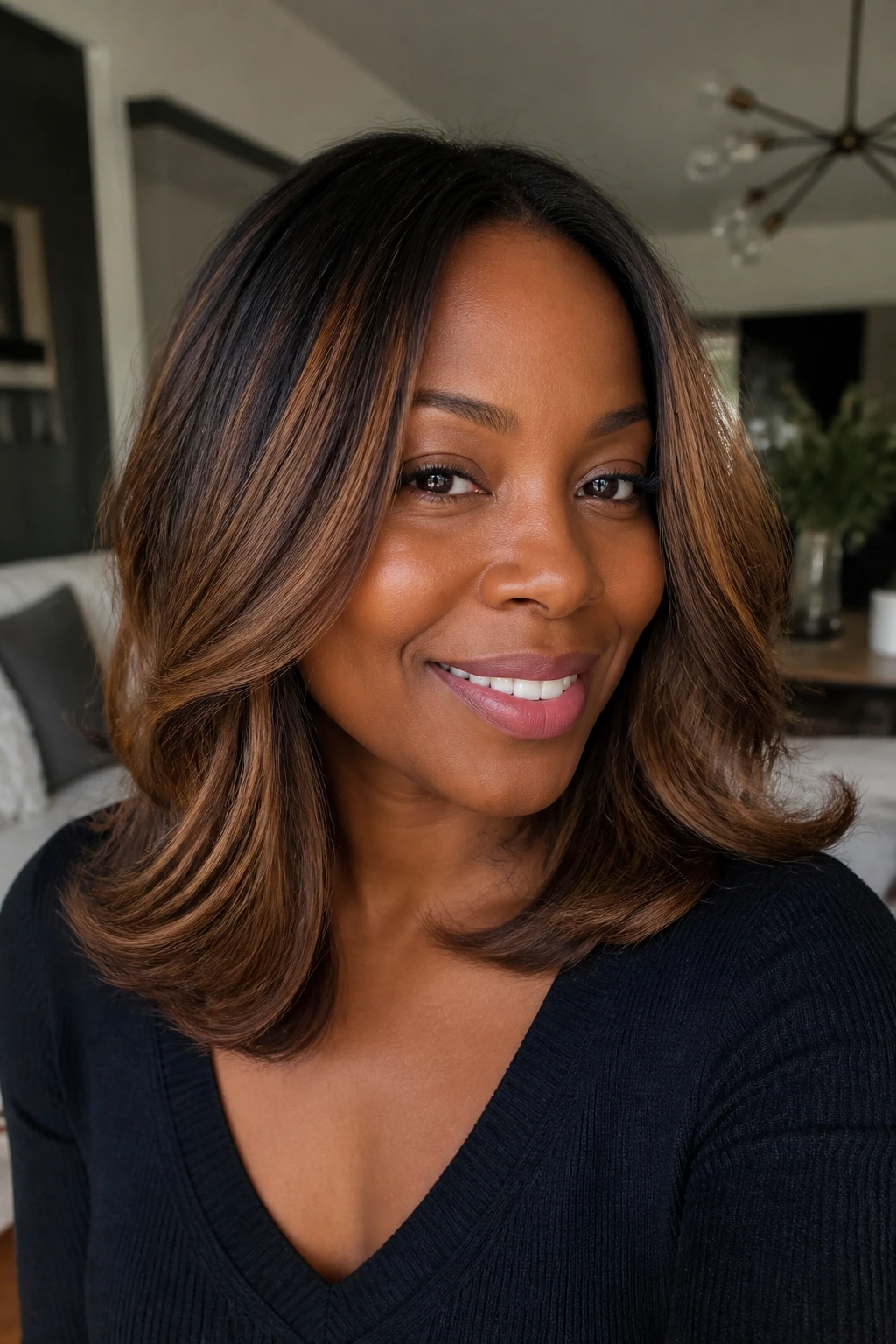 Portrait of a person with shoulder-length layered chestnut caramel hair.