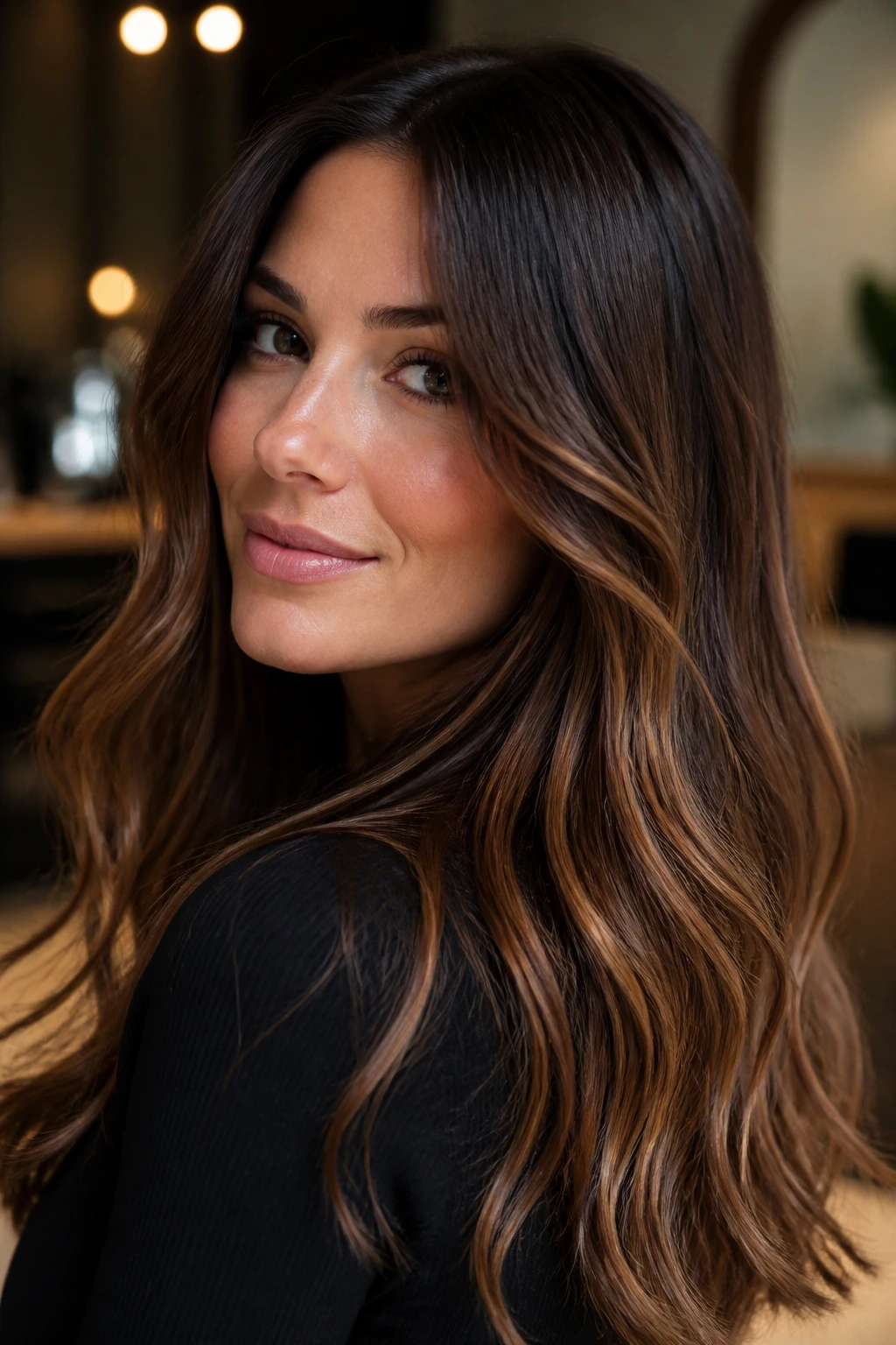 Close-up of a real woman with chestnut brunette base and seamless caramel slices