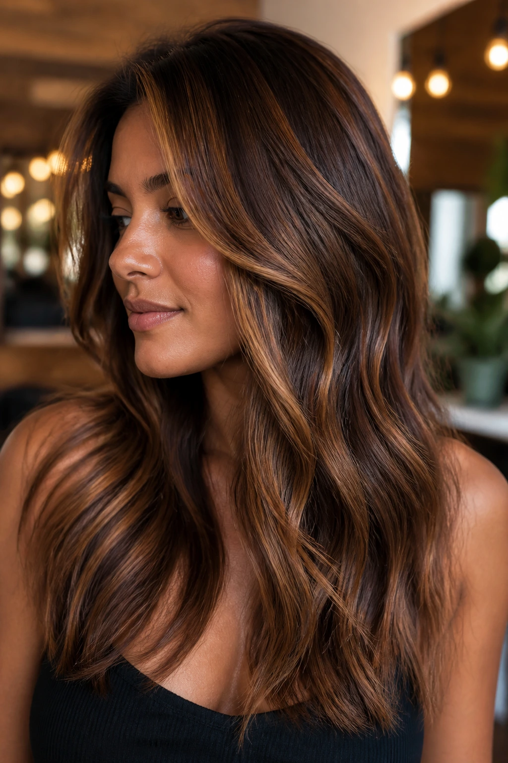 Close-up of hair with chestnut base and cinnamon-caramel weave on tan skin.