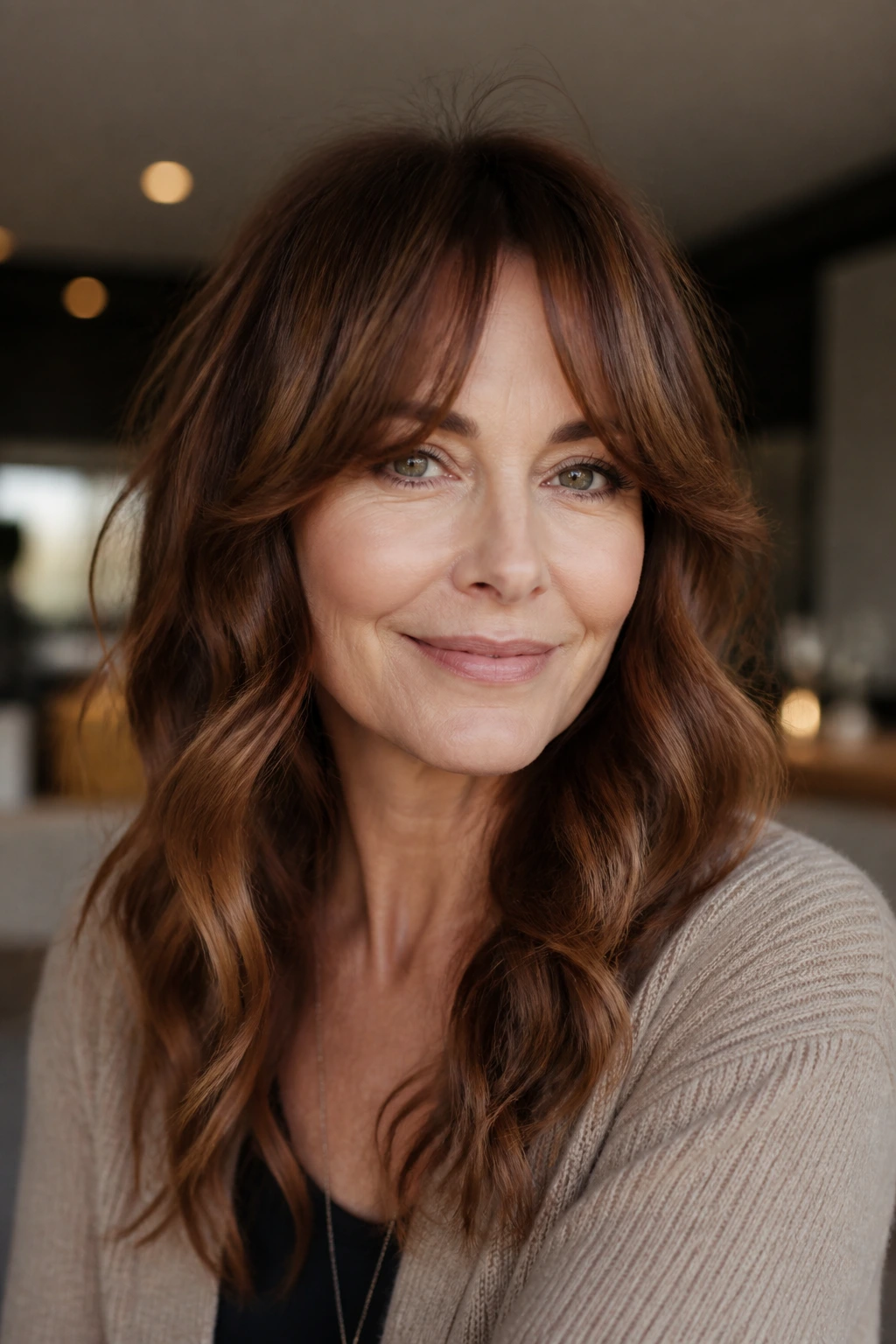 Chestnut hair with cascading waves and cheekbone-length curtain bangs