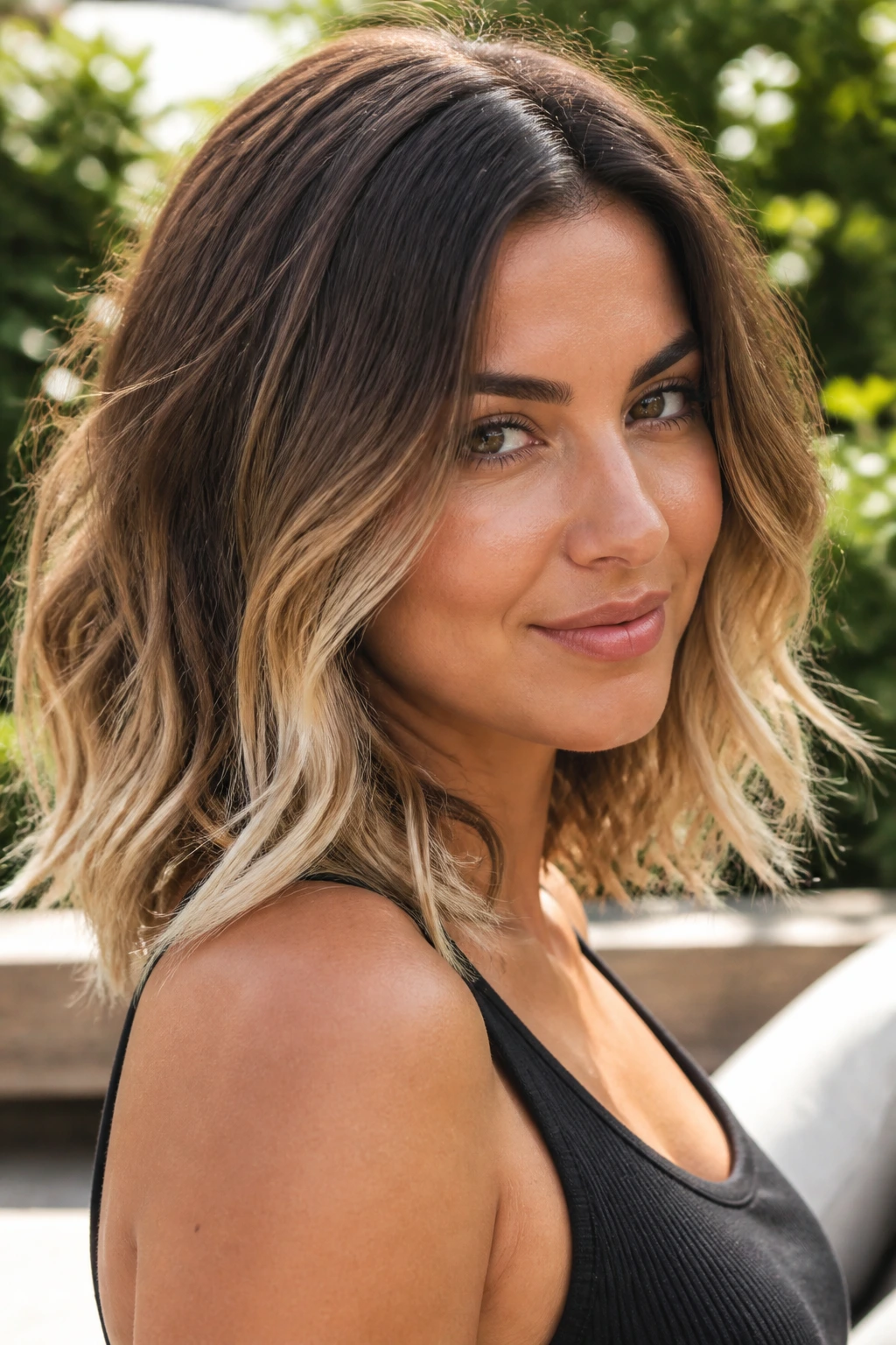 Close-up of chestnut roots with champagne ends on a real woman's hair