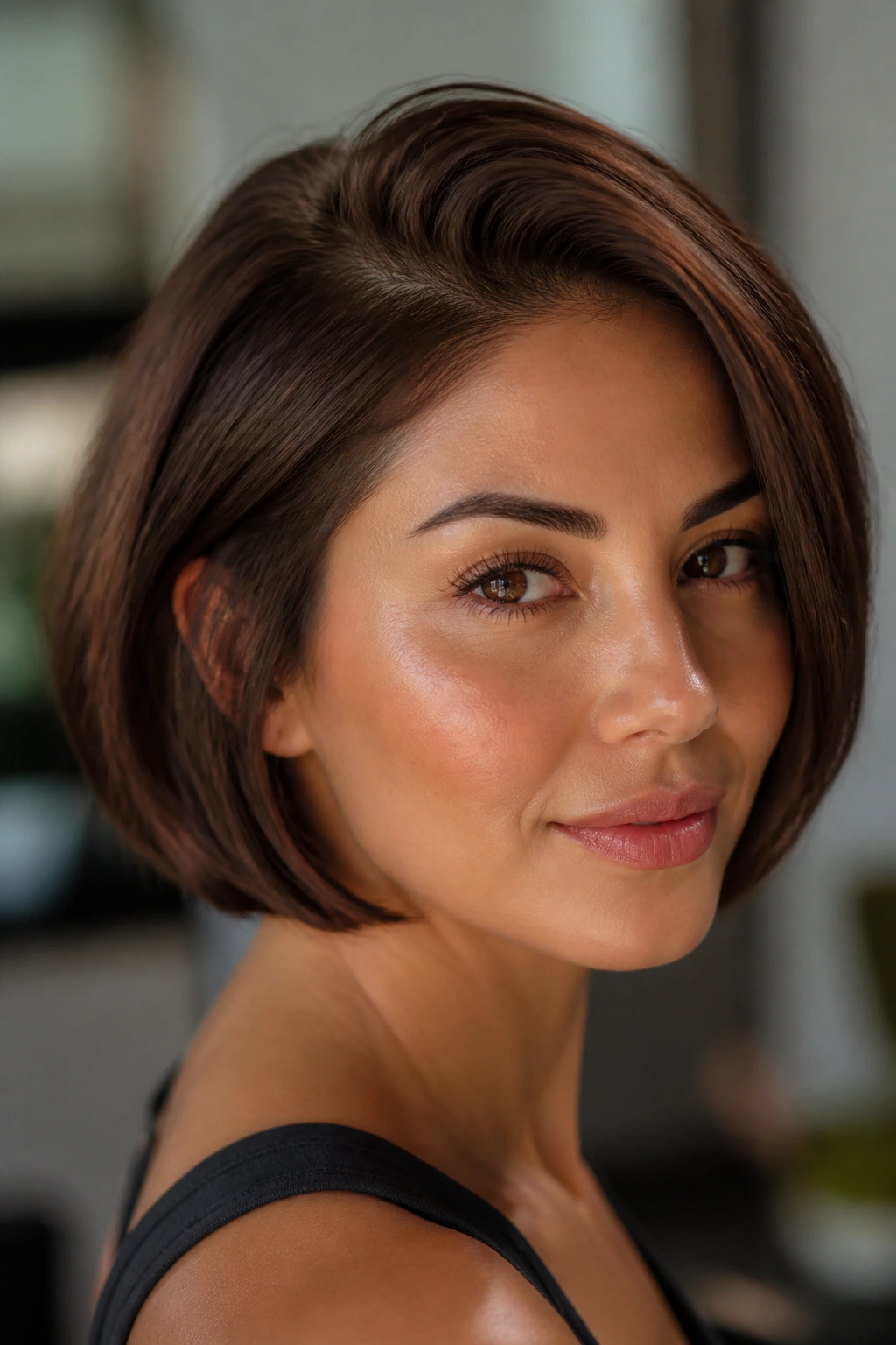 Real woman with chestnut chin-length bob and deep side part