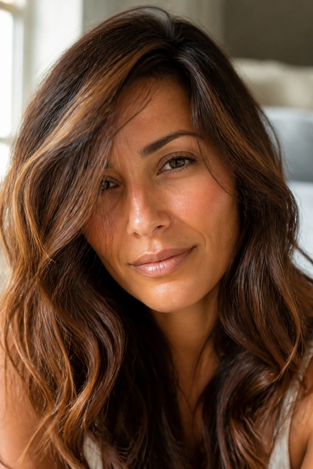 Close-up of real woman with Chestnut-Cocoa Blend hair showing warmth and depth