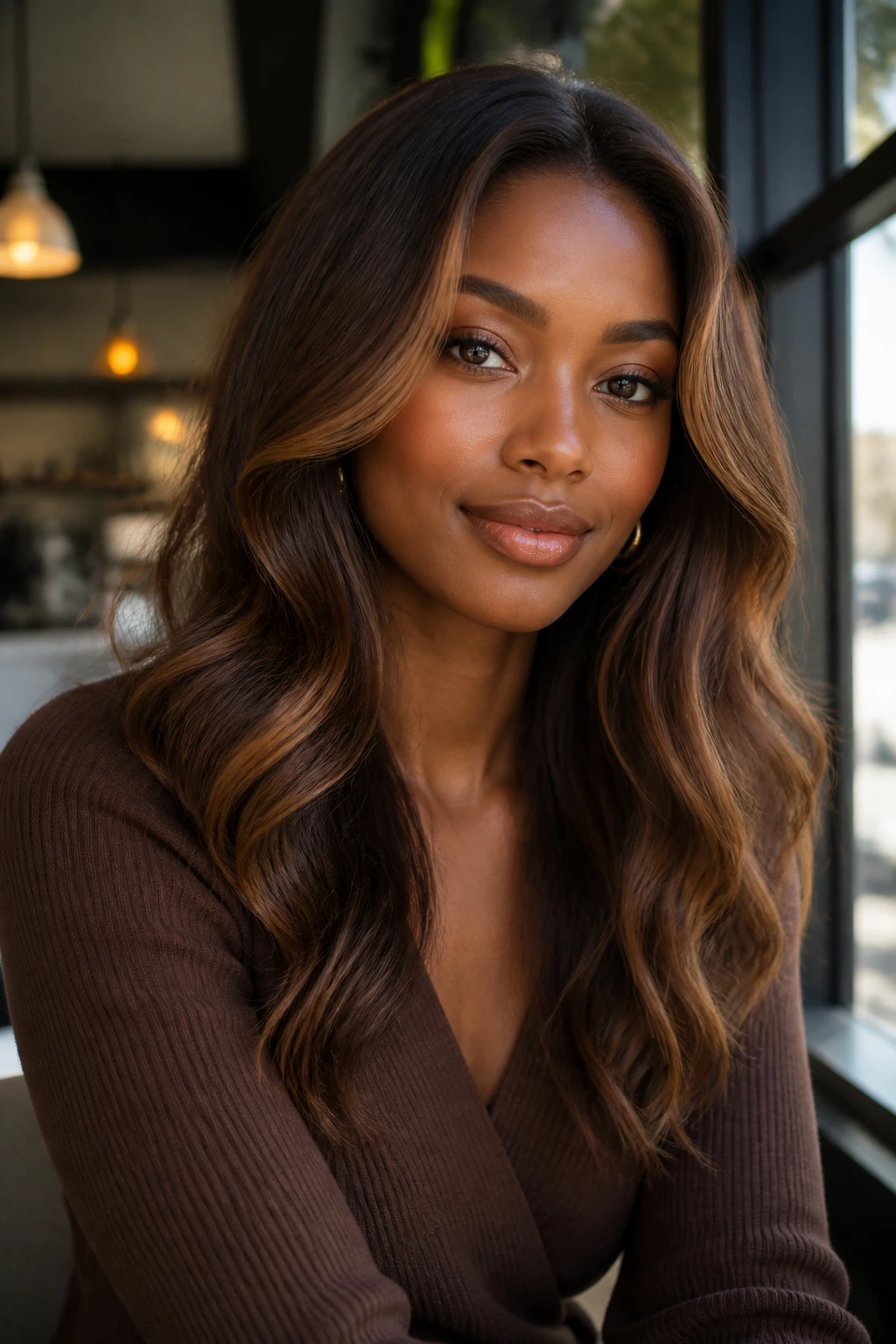 Close-up portrait of a person with chestnut cocoa hair and toasted edge in soft window light