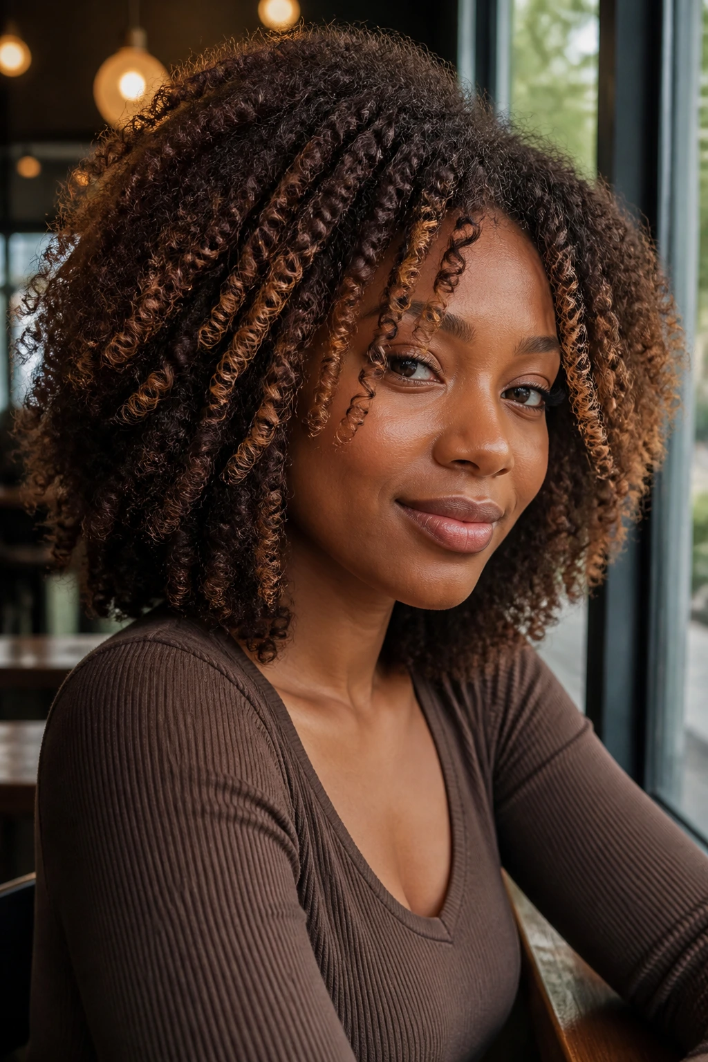 Close-up of chestnut coils with face-framing highlights on a real person