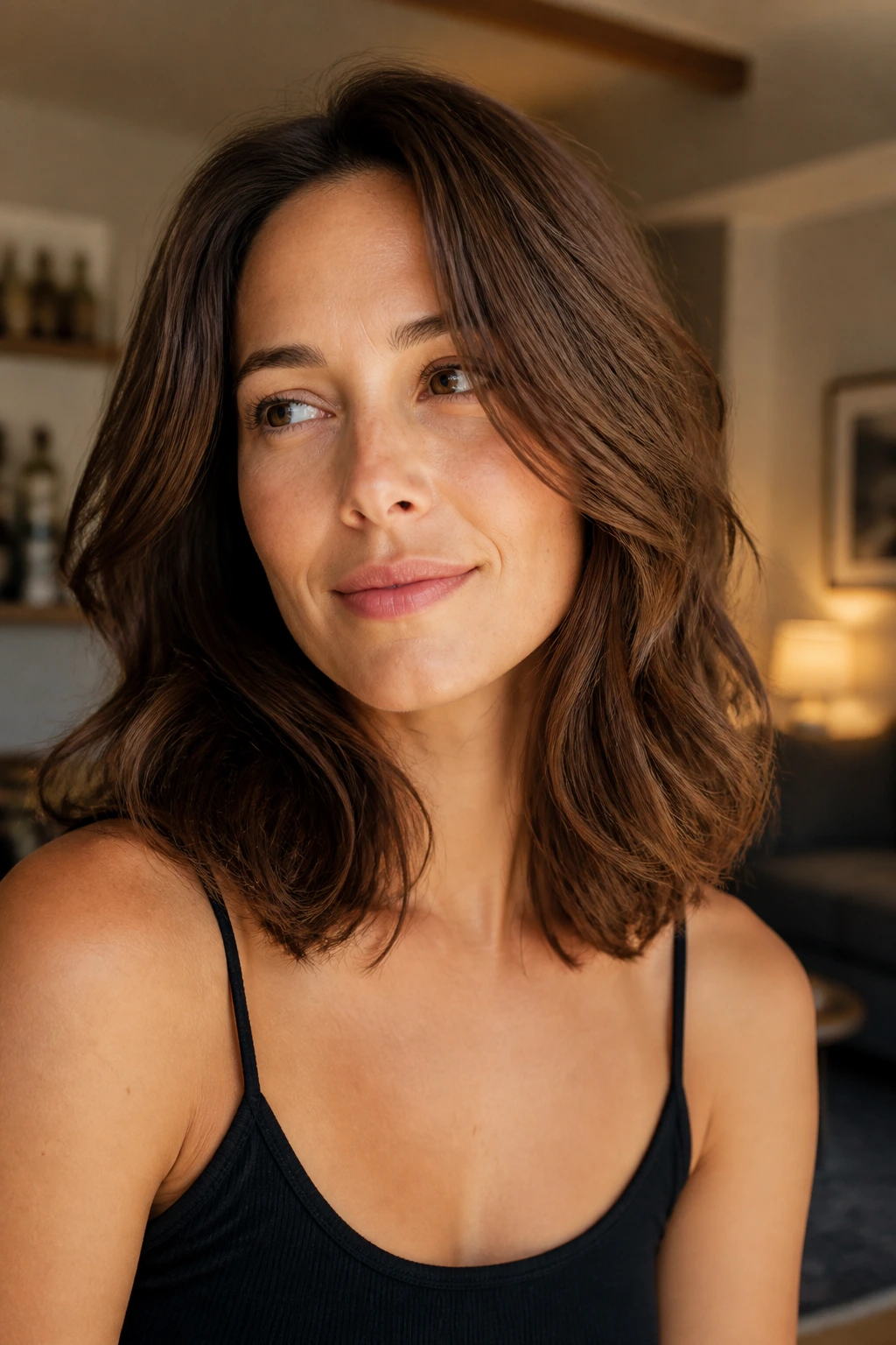 Close-up of a chestnut collarbone-length lob with soft internal layers on a real person