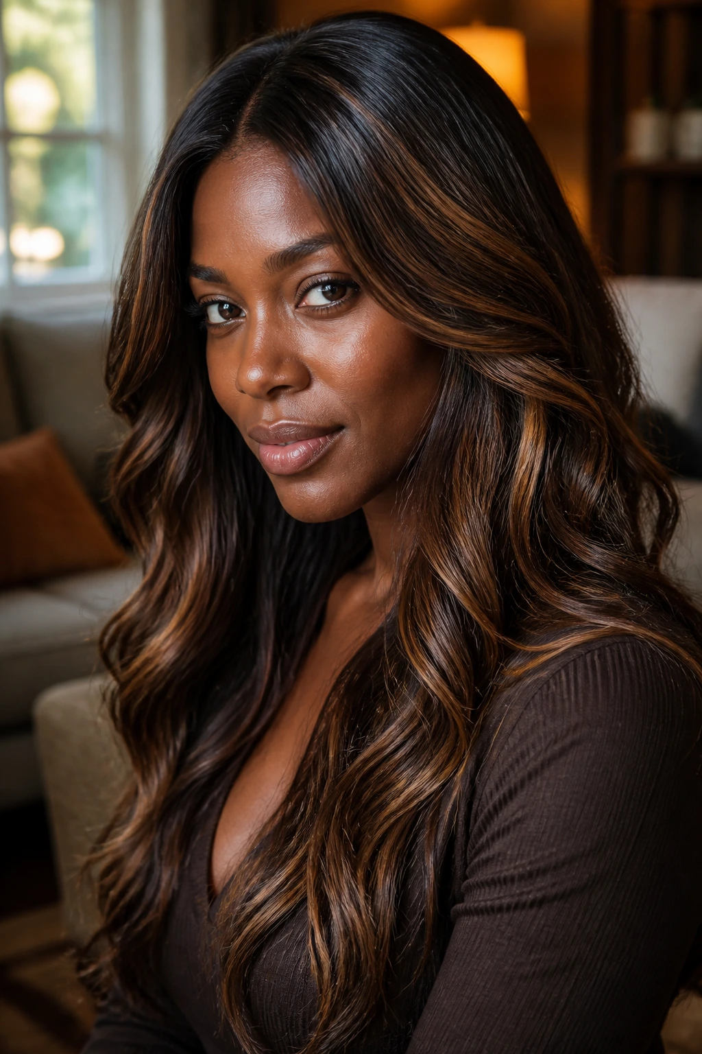 Portrait of person with balanced chestnut highlights and natural integration