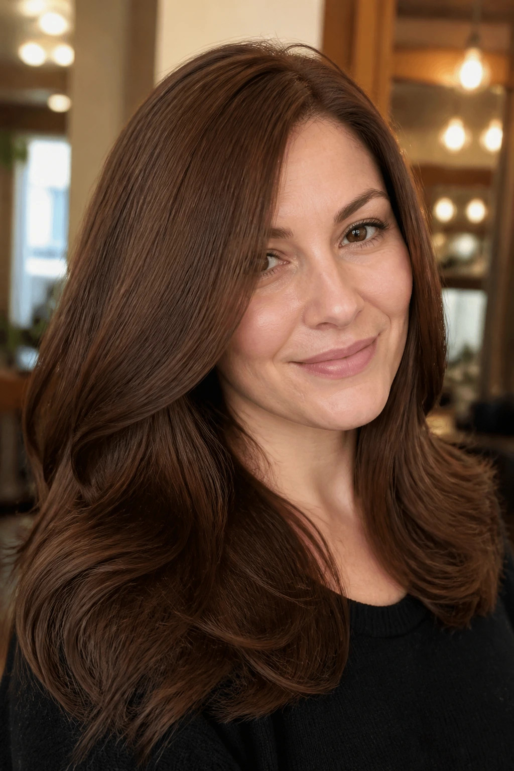 Close-up of real woman with uniform chestnut single-process hair color