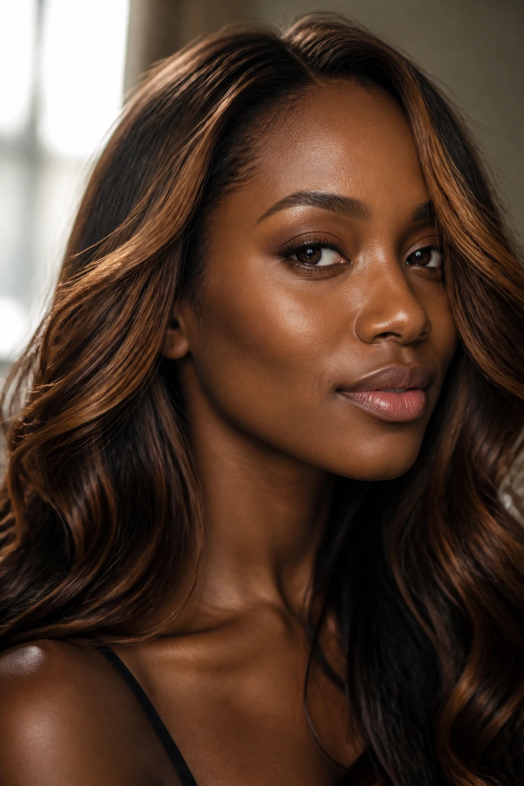 Close-up of a real person with warm chestnut contour highlights framing the face