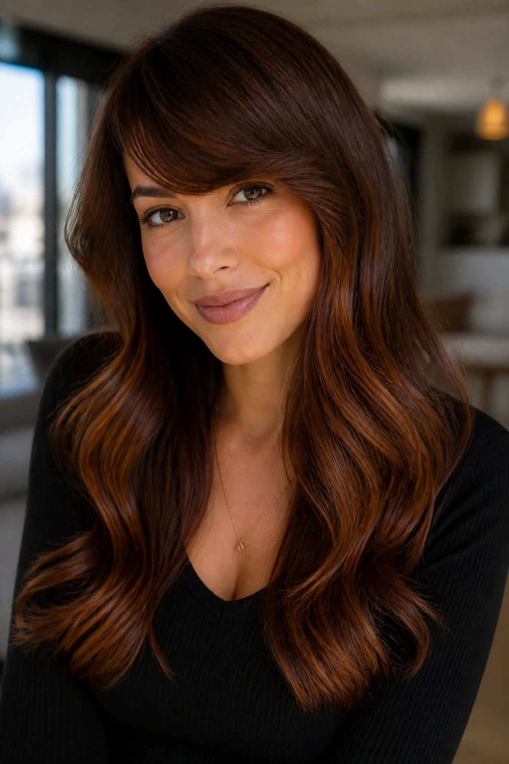 Close-up chestnut copper melt with copper front on side-swept bangs
