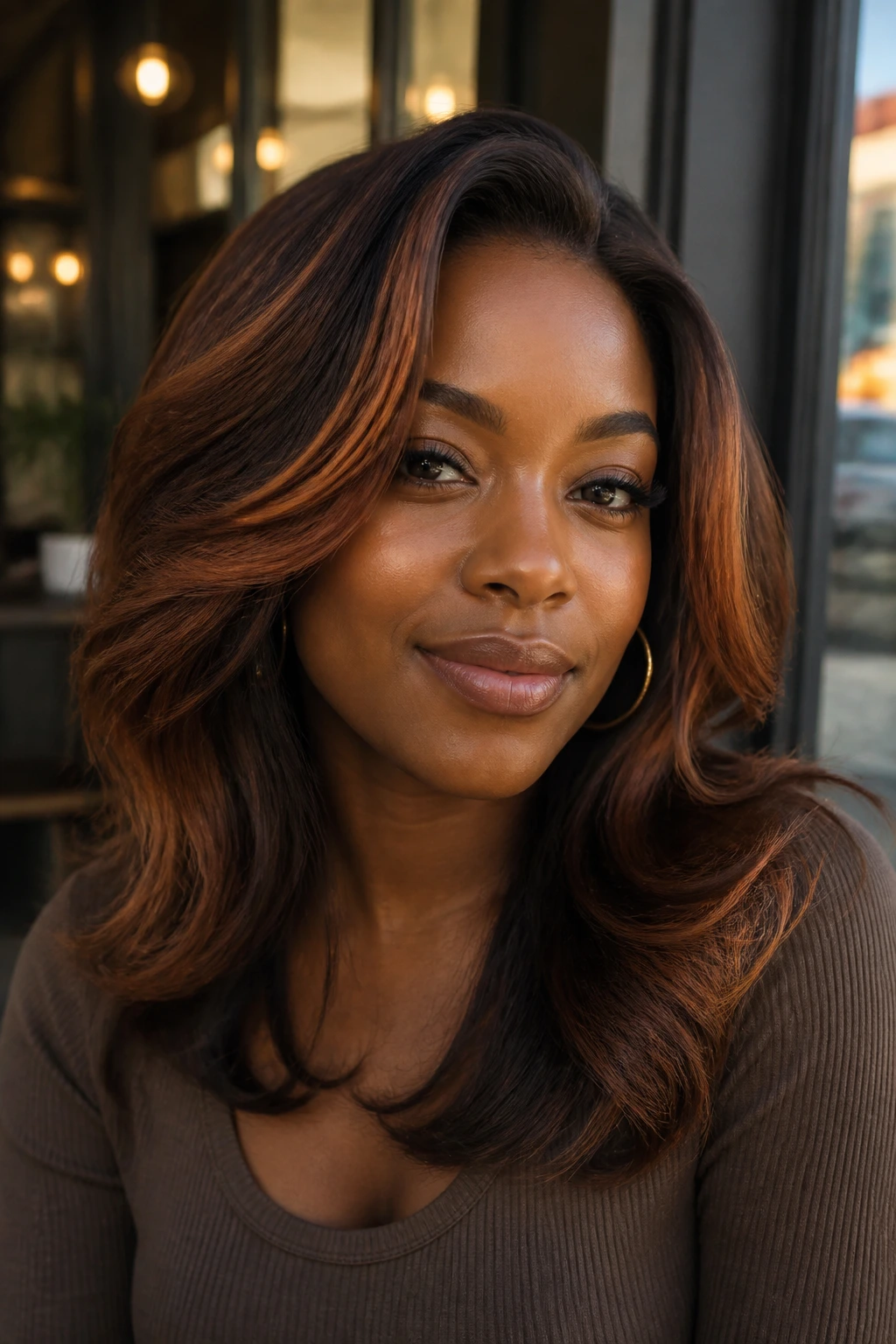 Close-up of chestnut brown base with copper sweep on deep skin tone