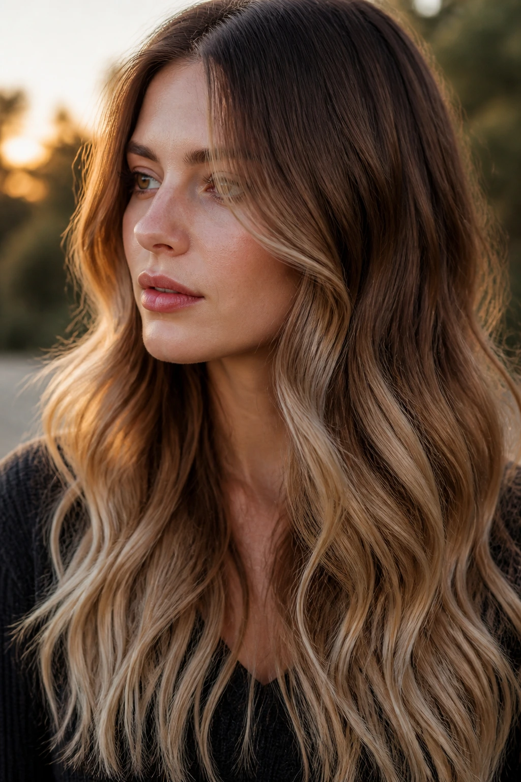 Portrait of a real person with chestnut-to-cream hair melt