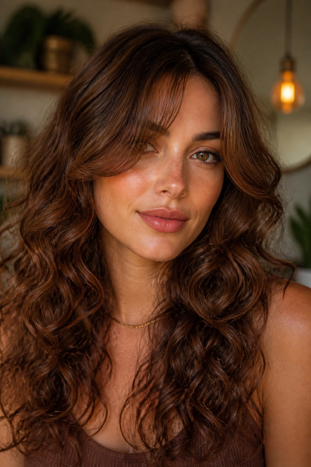 Real woman with chestnut curls and cheekbone-grazing bangs