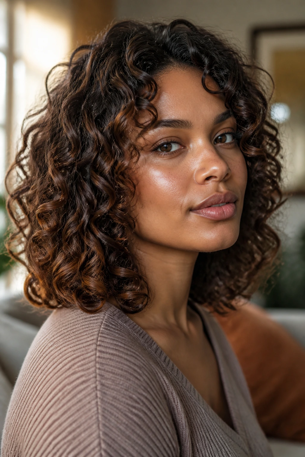 Close-up of a real woman showing chestnut sheen on curly lob hair.