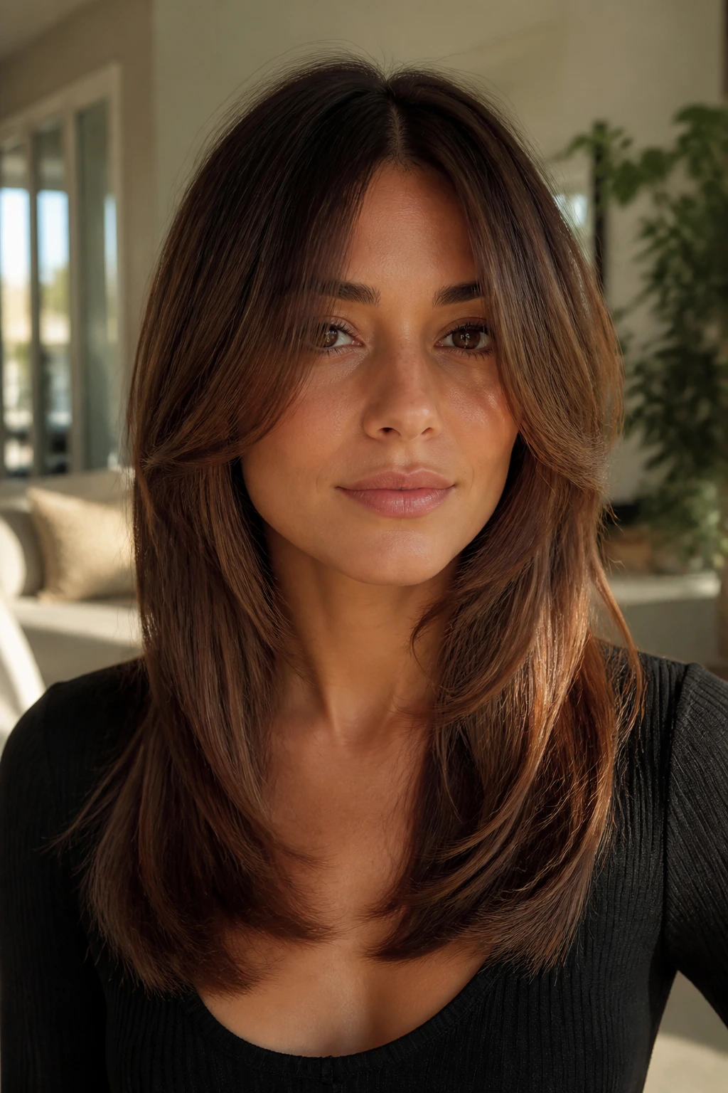 Brunette with center-part curtain layers framing the face in chestnut tones