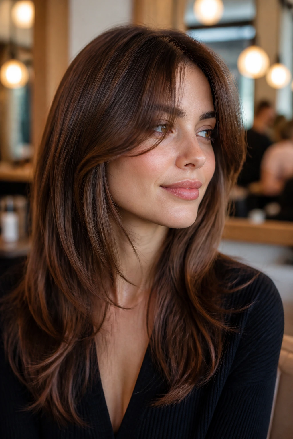 Close-up of a real woman wearing chestnut curtain layers at cheekbones framing the eyes