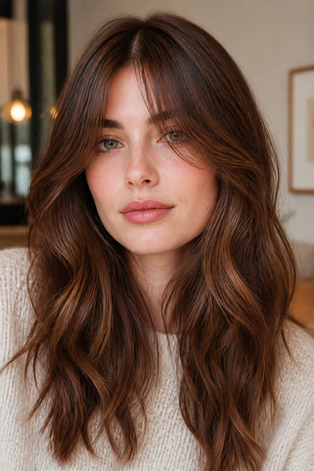Close-up portrait of a woman with chestnut hair and curtain bangs