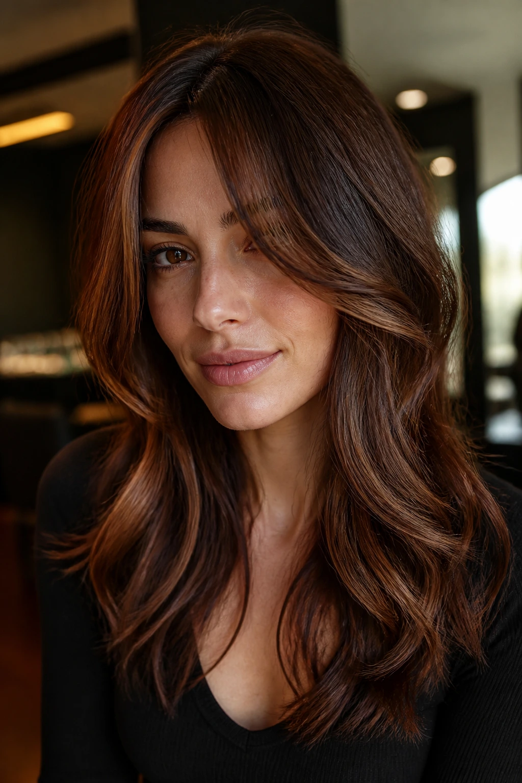 Portrait of a woman with chestnut curtain bangs hitting the cheekbones