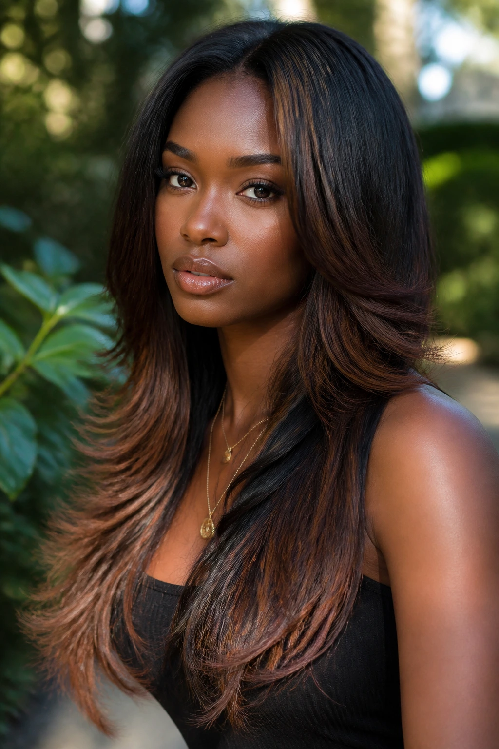 Close-up of long layered hair with chestnut ends on a real person in an outdoor garden