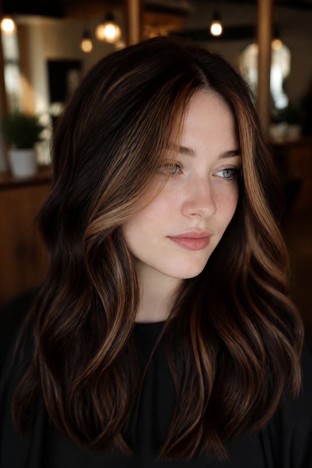 Portrait focusing on chestnut front ribbons against espresso base on pale skin