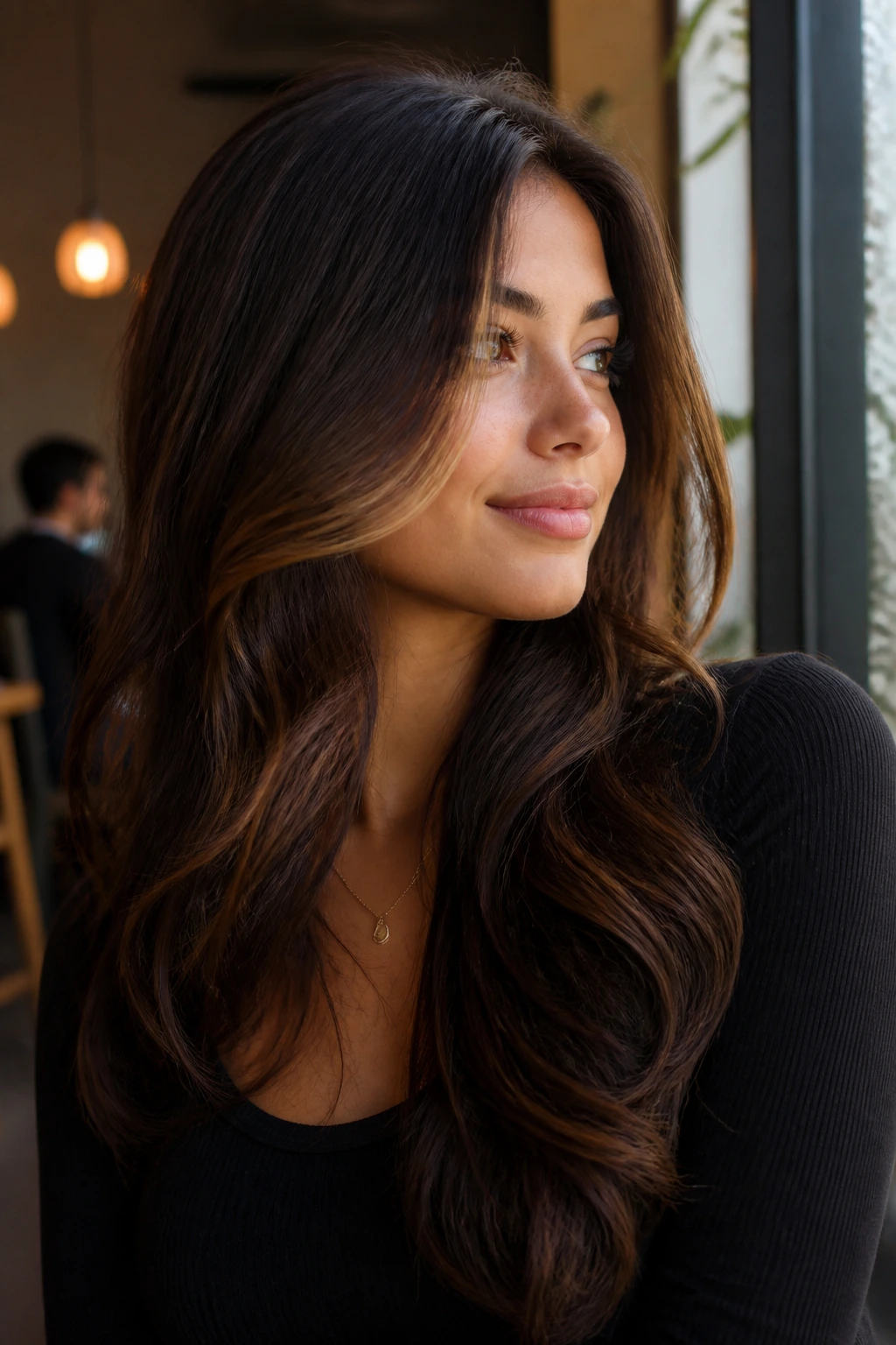 Chestnut face-framing lights on long layers shown on a real person.