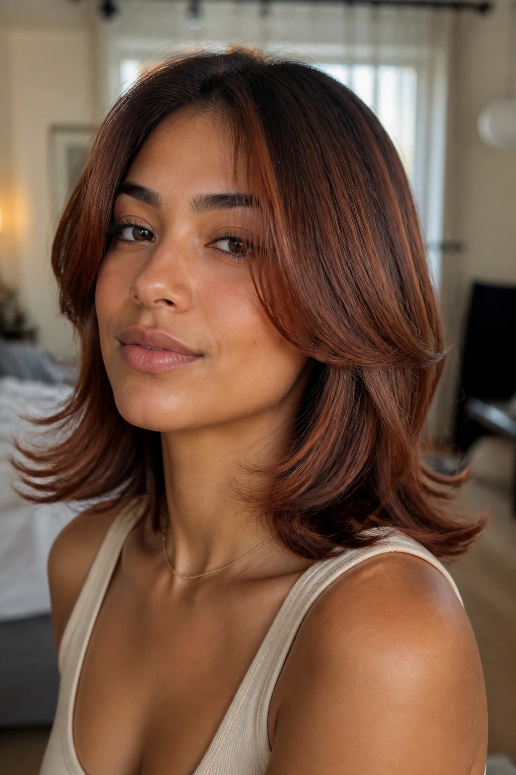 Close-up portrait of real person with reddish chestnut hair and flip-out ends