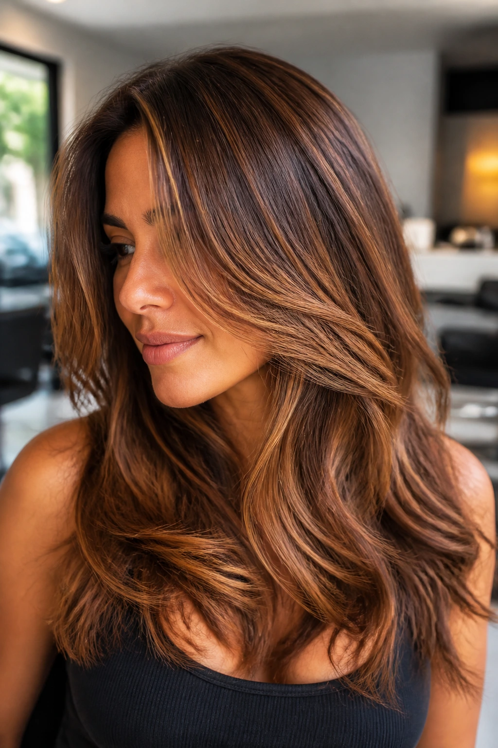 Real person with chestnut foil highlights close-up