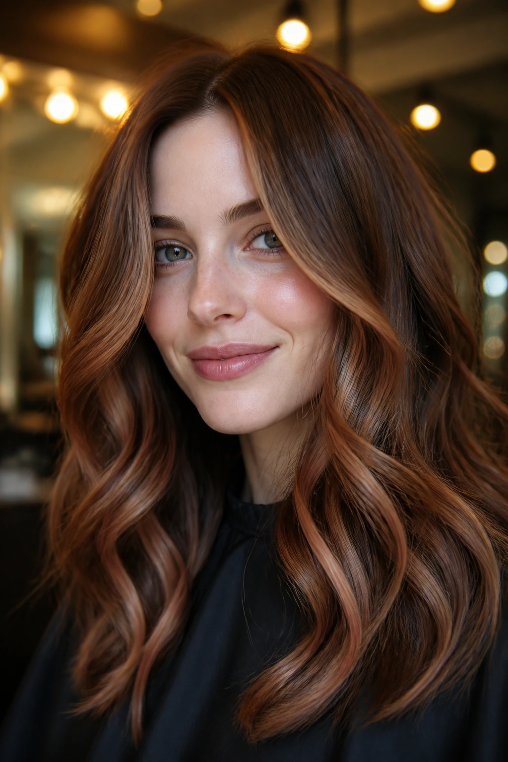 Close-up portrait of a real woman showing chestnut foilayage around the front and crown on brunette hair, in a salon setting.