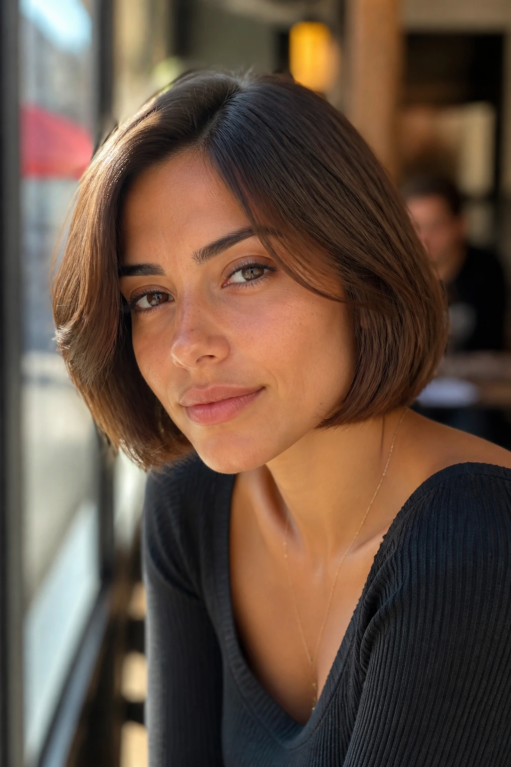 Close-up portrait of a real woman with chestnut French bob