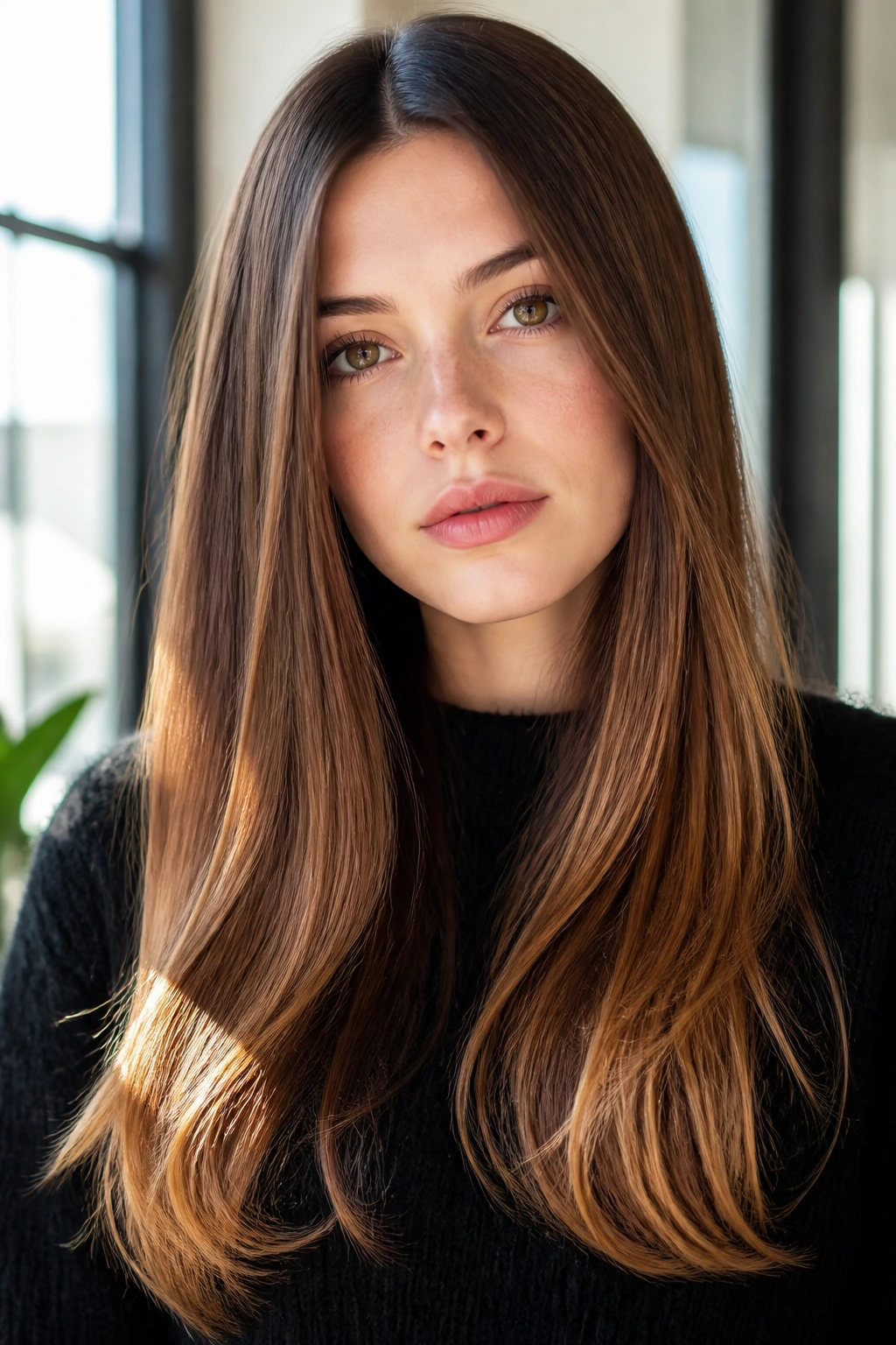 Close-up portrait of a real person with chestnut hair and warm end tones