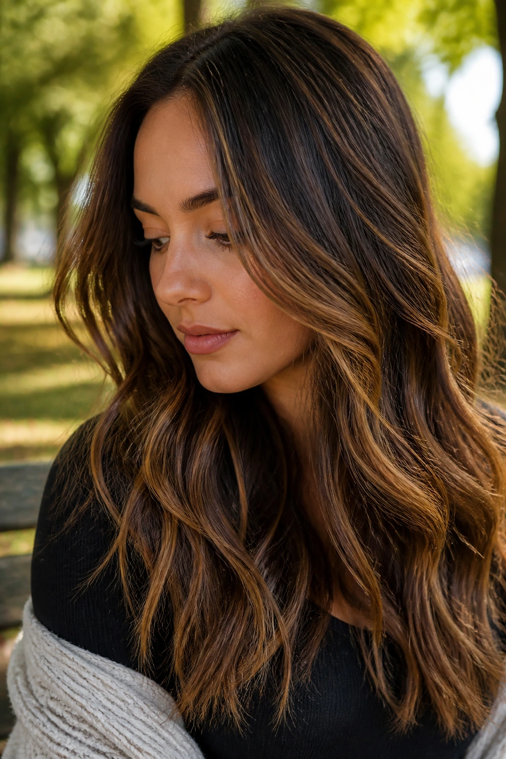 Brunette with chestnut base and gold balayage ribbons