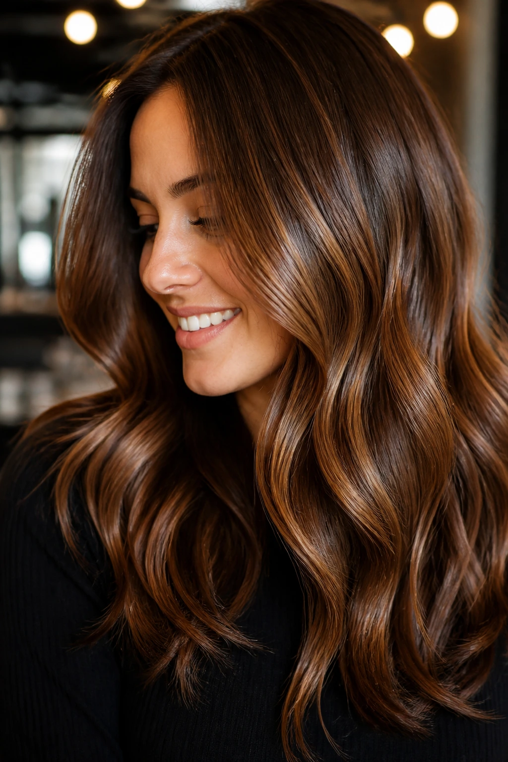 Real person with chestnut hair enhanced by gold gloss for a shiny healthy look
