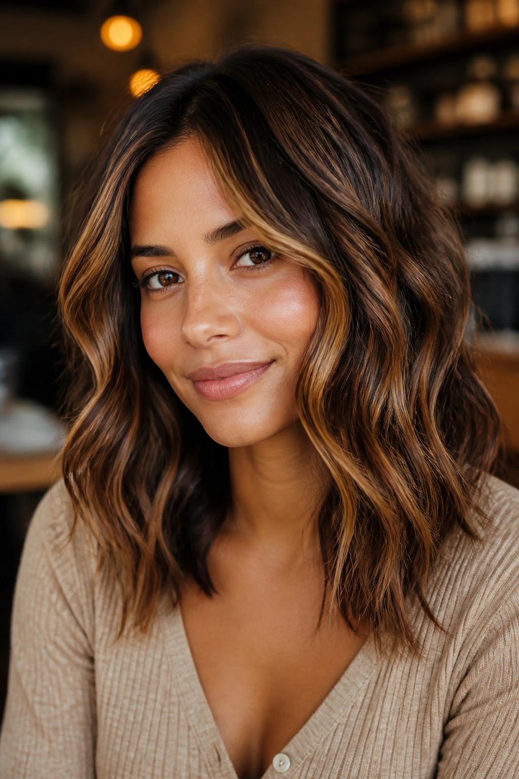 Portrait of a woman with chestnut base and gold ribbon lights in beachy waves