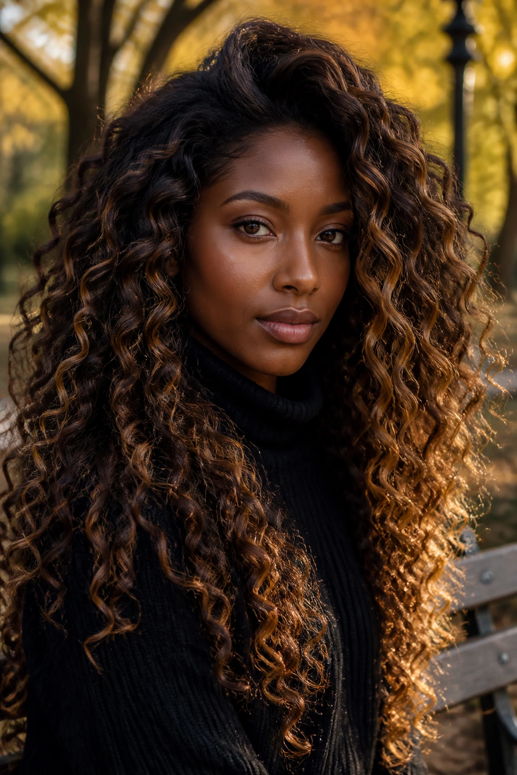 Close-up of a deep-skinned model with chestnut gold veil highlights in espresso curls outdoors