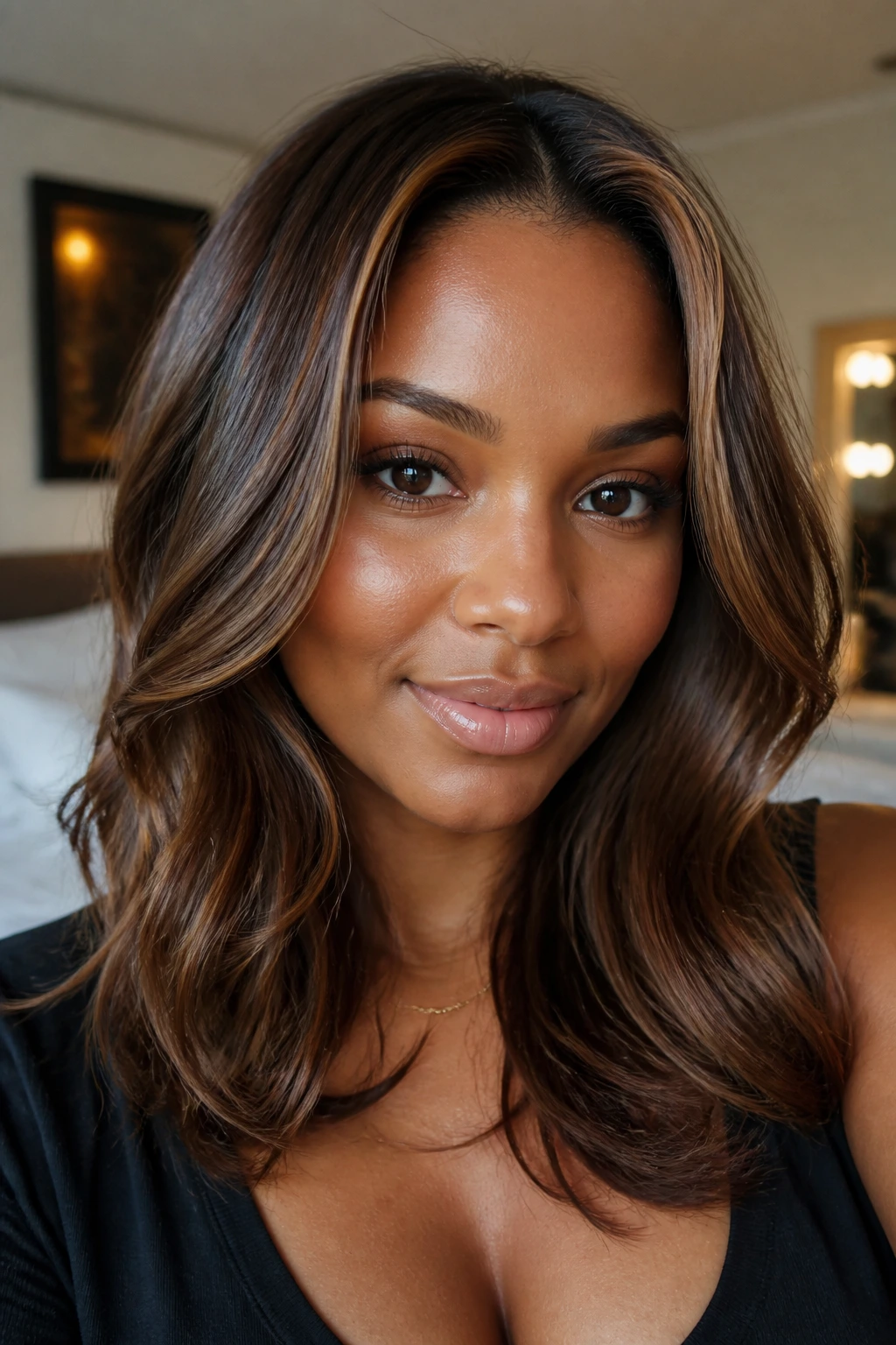 Close-up of a real person with glossy chestnut hair and creamy babylight halo.