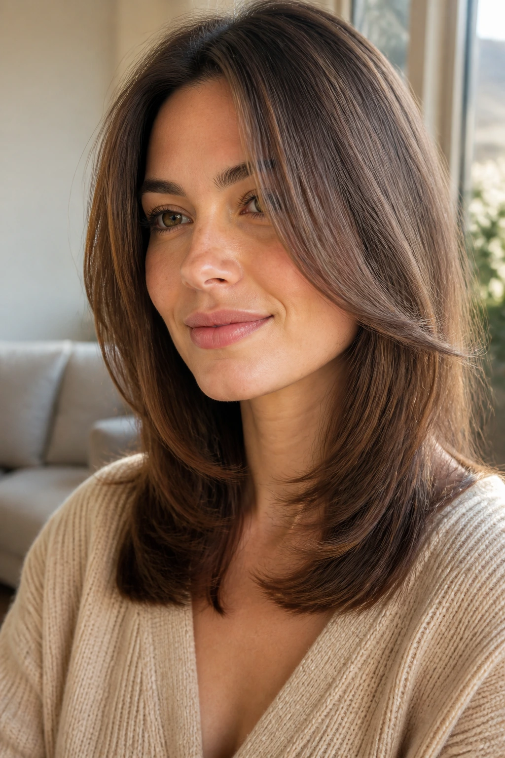 Close-up portrait of a real woman with chestnut C-cut layers framing her face in warm daylight