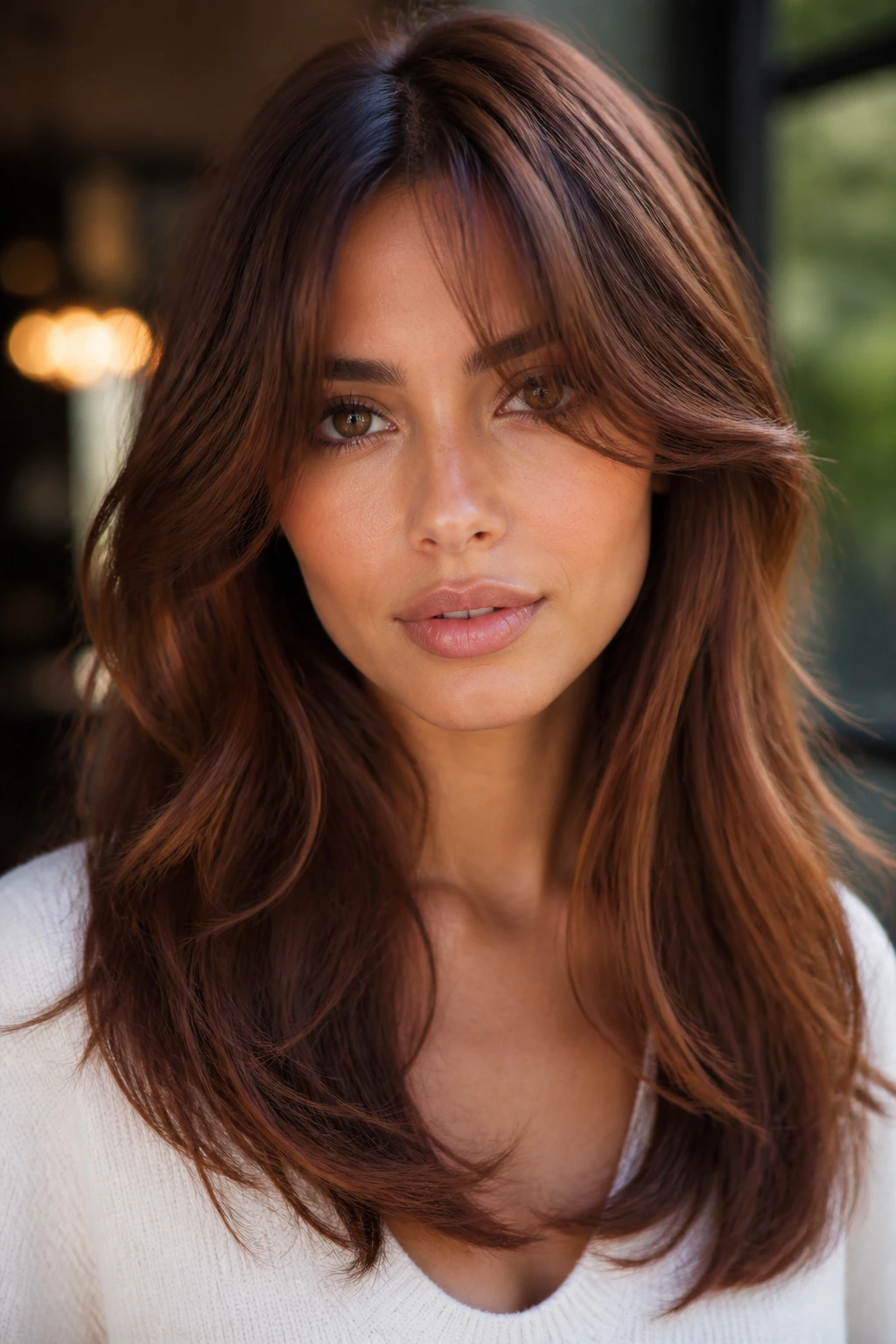 Portrait of a woman with chestnut hair and curtain bangs on olive skin.