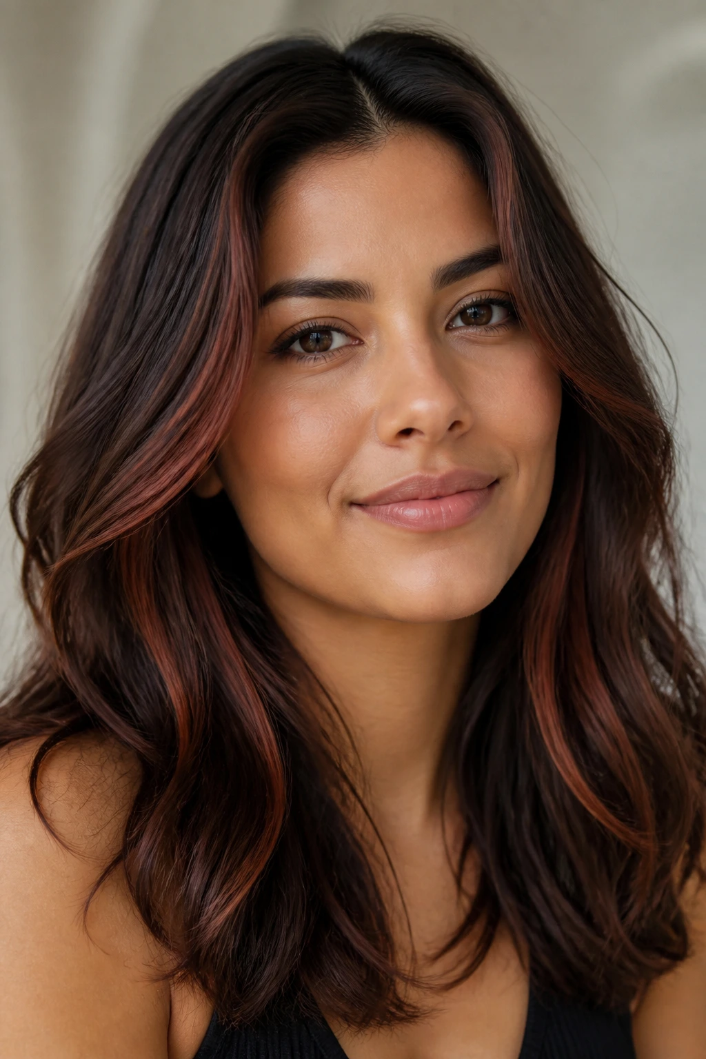 Close-up of cool chestnut hair with subtle red auburn accents