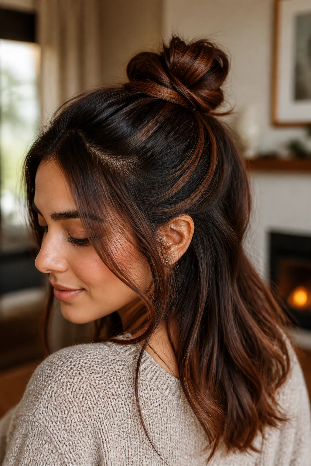 Close-up portrait of a real woman wearing a chestnut half-up knot