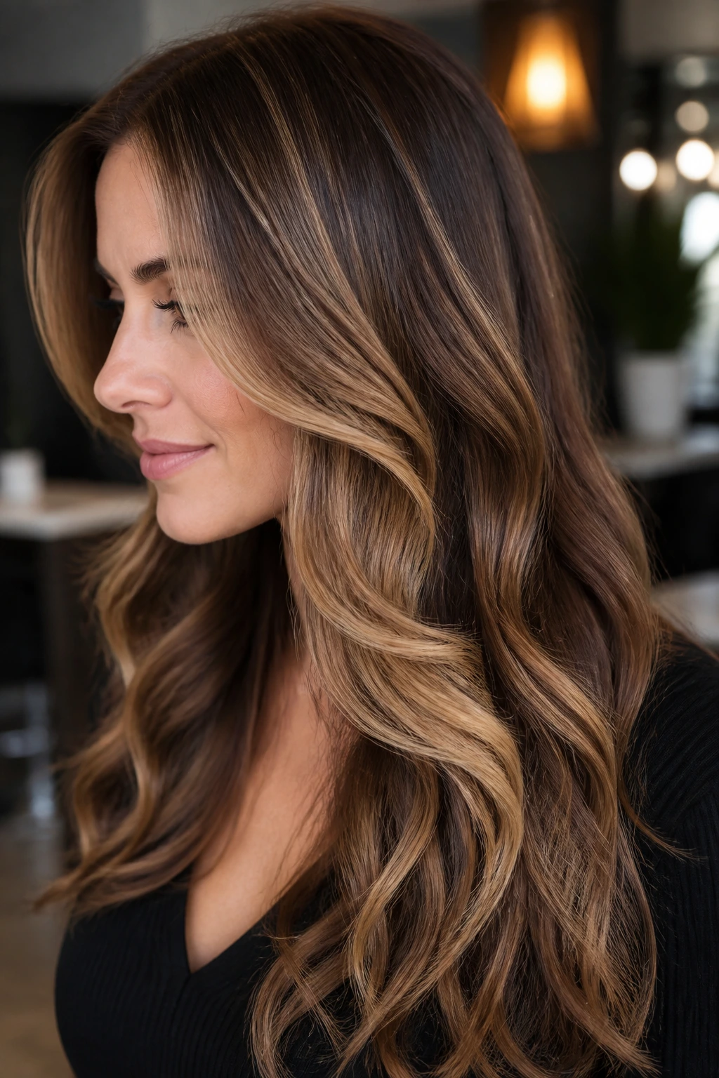 Portrait of woman with chestnut halo balayage and soft face framing